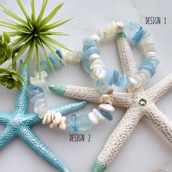 Beach Inspired Stretch Bracelet made of Aquamarine Gemstone, Shells, Sea Glass Beads Gemstones Crystals Boho Hippie Design - Handmade Jewelry