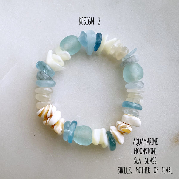 Beach Inspired Stretch Bracelet made of Aquamarine Gemstone, Shells, Sea Glass Beads Gemstones Crystals Boho Hippie Design - Handmade Jewelry