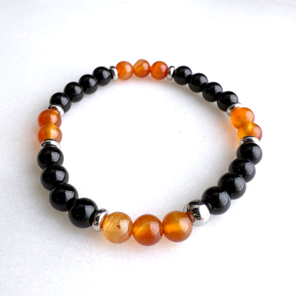 Carnelian and Black Onyx Beads Gemstones Crystals Boho Hippie Design - Stretch Bracelet Handmade Jewelry