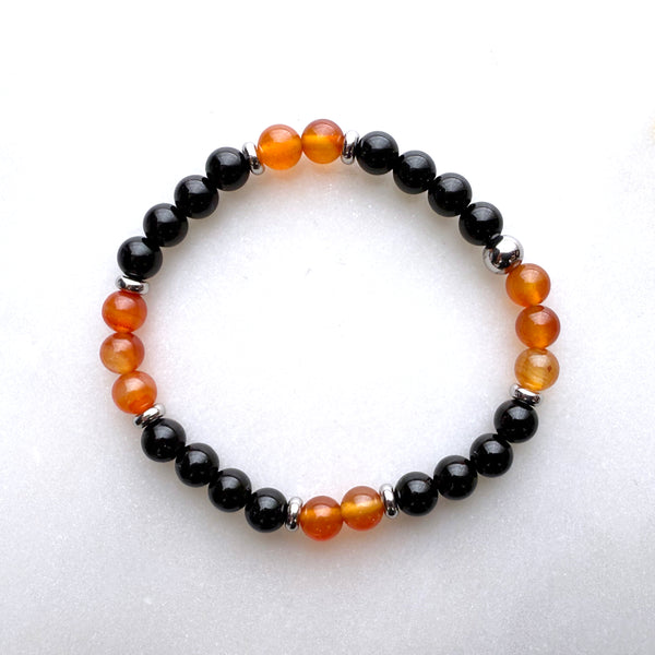Carnelian and Black Onyx Beads Gemstones Crystals Boho Hippie Design - Stretch Bracelet Handmade Jewelry
