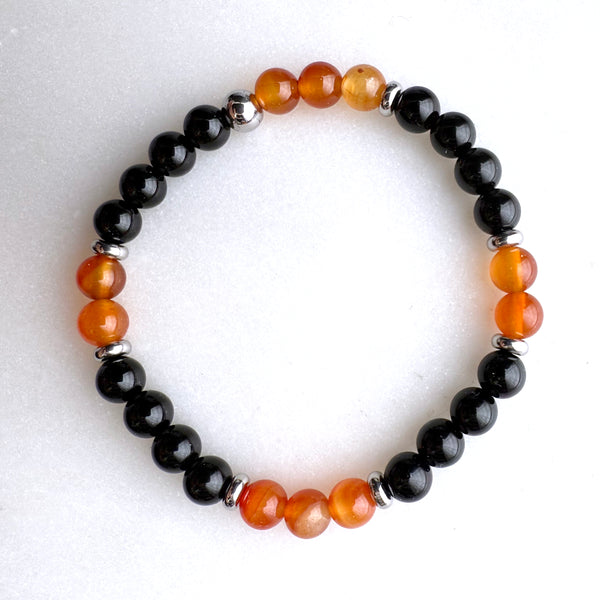 Carnelian and Black Onyx Beads Gemstones Crystals Boho Hippie Design - Stretch Bracelet Handmade Jewelry