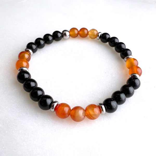 Carnelian and Black Onyx Beads Gemstones Crystals Boho Hippie Design - Stretch Bracelet Handmade Jewelry
