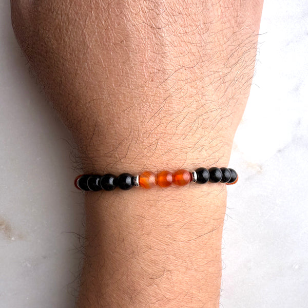 Carnelian and Black Onyx Beads Gemstones Crystals Boho Hippie Design - Stretch Bracelet Handmade Jewelry