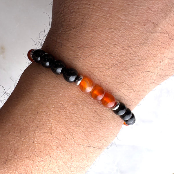Carnelian and Black Onyx Beads Gemstones Crystals Boho Hippie Design - Stretch Bracelet Handmade Jewelry