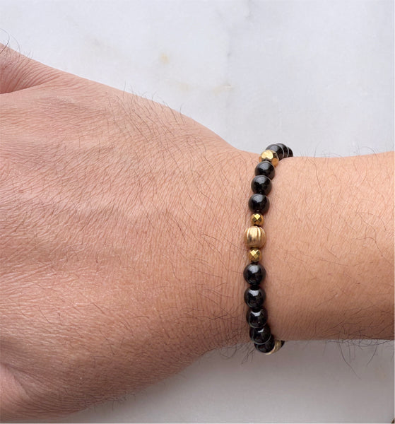 Black Onyx and Gold Brass Beads Gemstones Crystals Boho Hippie Design - Stretch Bracelet Handmade Jewelry