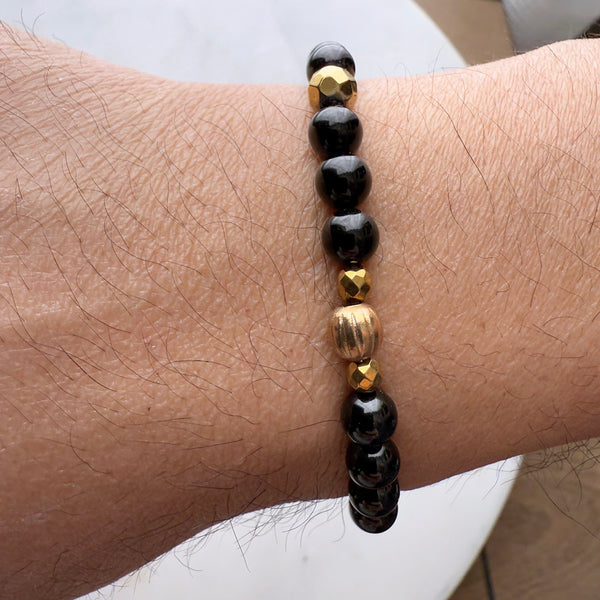 Black Onyx and Gold Brass Beads Gemstones Crystals Boho Hippie Design - Stretch Bracelet Handmade Jewelry