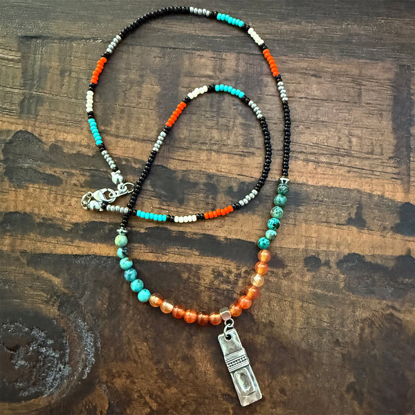 Carnelian & African Turquoise Gemstones Crystals & Glass Beads Boho Hippie Beach Design - Handmade Jewelry Necklace