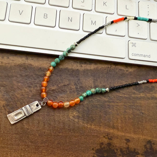 Carnelian & African Turquoise Gemstones Crystals & Glass Beads Boho Hippie Beach Design - Handmade Jewelry Necklace