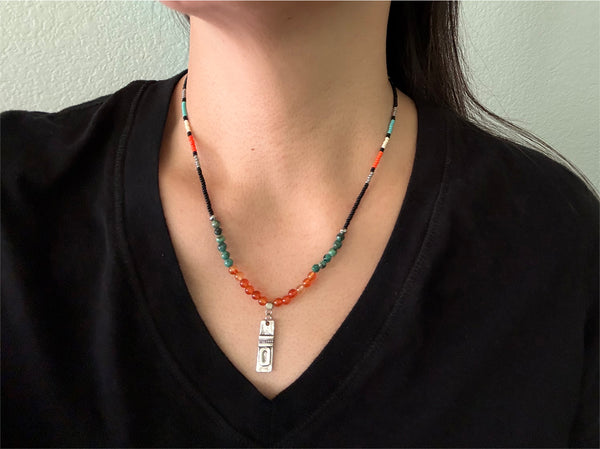 Carnelian & African Turquoise Gemstones Crystals & Glass Beads Boho Hippie Beach Design - Handmade Jewelry Necklace