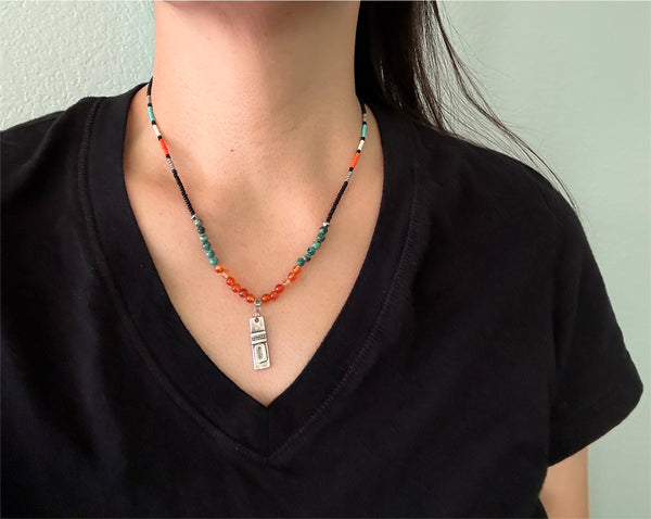 Carnelian & African Turquoise Gemstones Crystals & Glass Beads Boho Hippie Beach Design - Handmade Jewelry Necklace
