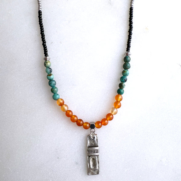 Carnelian & African Turquoise Gemstones Crystals & Glass Beads Boho Hippie Beach Design - Handmade Jewelry Necklace