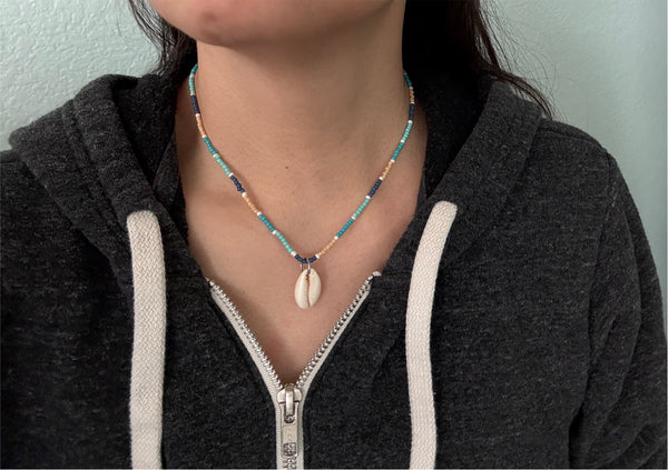 Cowrie Shell & Glass Beads Boho Hippie Beach Design - Handmade Jewelry Necklace