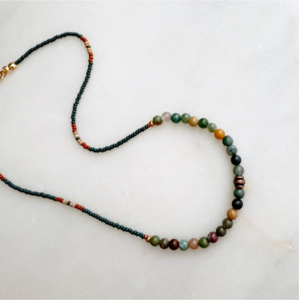 Fancy Agate Gemstones Crystals & Glass Beads Boho Hippie Beach Design - Handmade Jewelry Necklace