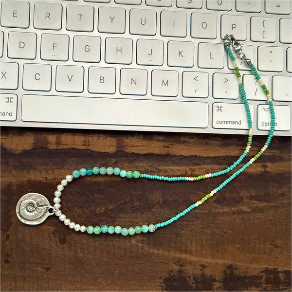 Ammonite Pendant on Blue Green Amazonite and Freshwater Pearls Gemstones Crystals Boho Hippie Beach Design - Handmade Jewelry Necklace