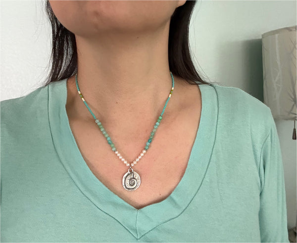 Ammonite Pendant on Blue Green Amazonite and Freshwater Pearls Gemstones Crystals Boho Hippie Beach Design - Handmade Jewelry Necklace