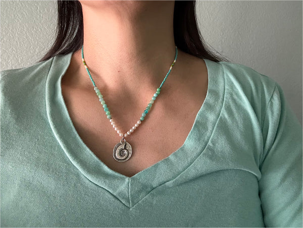 Ammonite Pendant on Blue Green Amazonite and Freshwater Pearls Gemstones Crystals Boho Hippie Beach Design - Handmade Jewelry Necklace