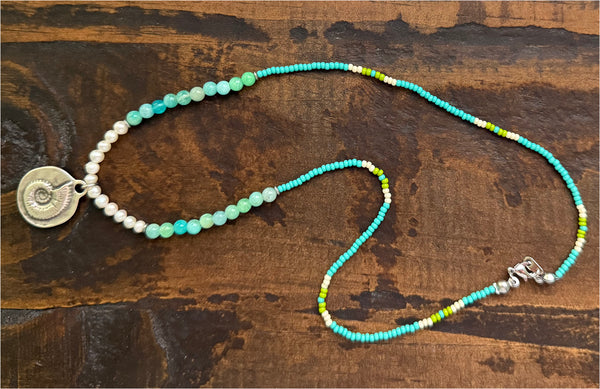 Ammonite Pendant on Blue Green Amazonite and Freshwater Pearls Gemstones Crystals Boho Hippie Beach Design - Handmade Jewelry Necklace
