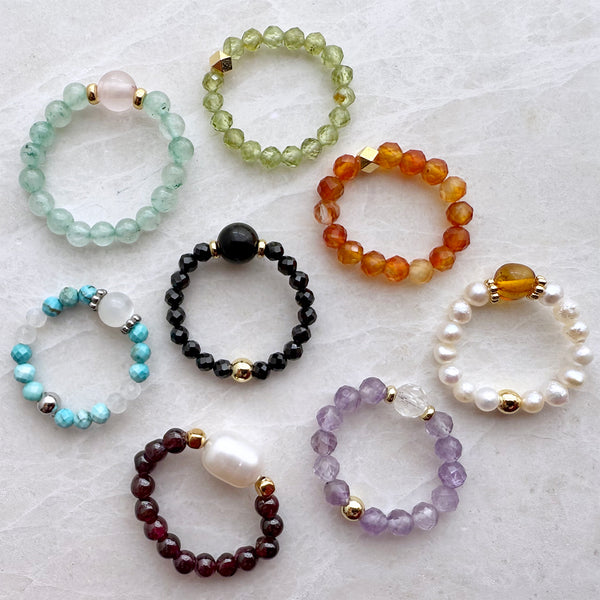 Gemstone Beaded Stretch Rings - Aquamarine Amethyst Carnelian Turquoise Topaz Gold - Handmade Jewelry