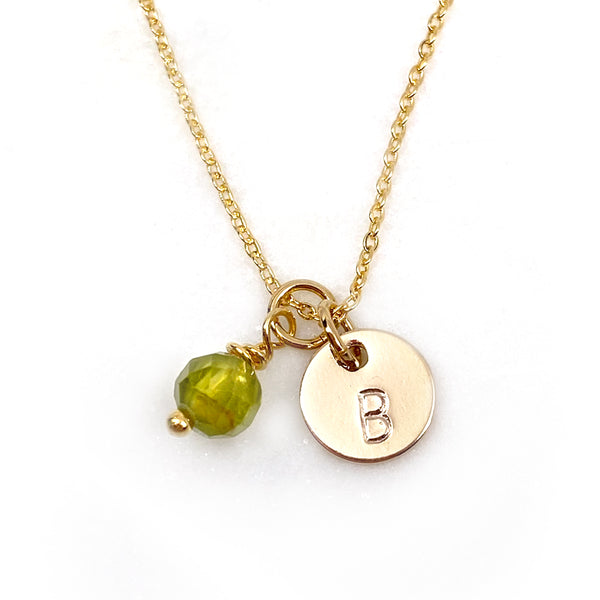 Custom Birthstone & Stamped Initial Disc Necklace in Gold, Rose Gold, or Silver with Real Gemstone, Personalized Jewelry January - December Birthday Gift