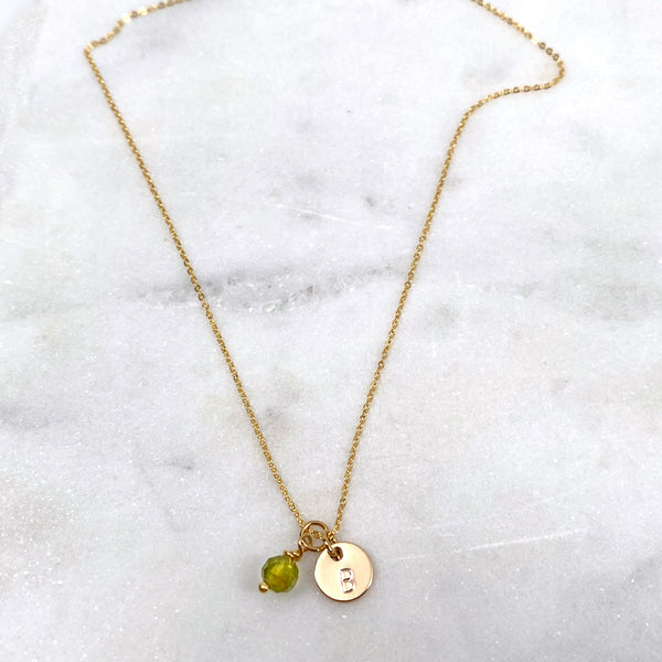 Custom Birthstone & Stamped Initial Disc Necklace in Gold, Rose Gold, or Silver with Real Gemstone, Personalized Jewelry January - December Birthday Gift