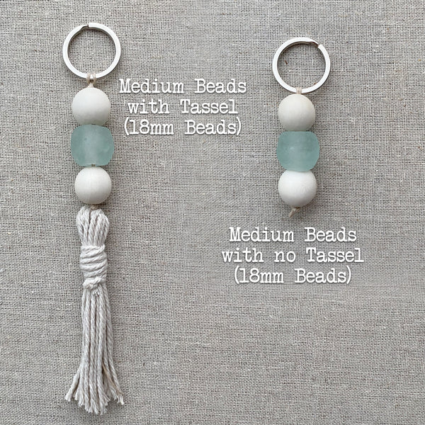 Sea Glass and Natural Wood Bead Keychain, Beach keychain, Boho style, purse charm, Wood Bead Keychain, boho car accessory, key fob