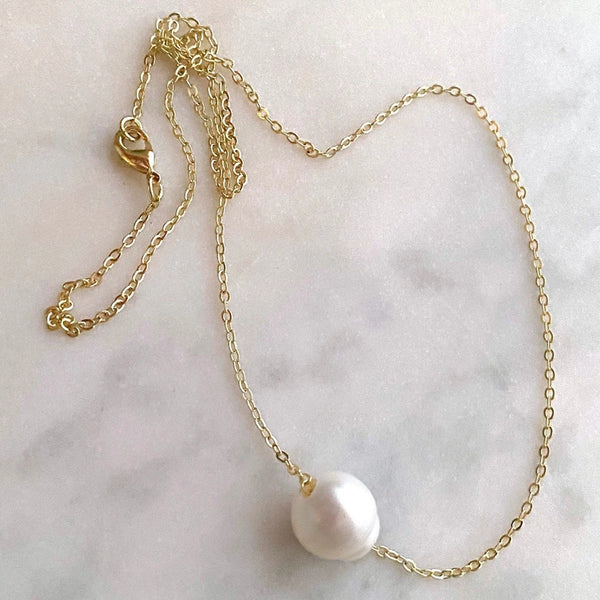 Genuine Freshwater Pearl Large Size Floating Pearl on Silver-Plated Chain or Gold-Plated Chain Necklace Handmade Boho Beach Jewelry