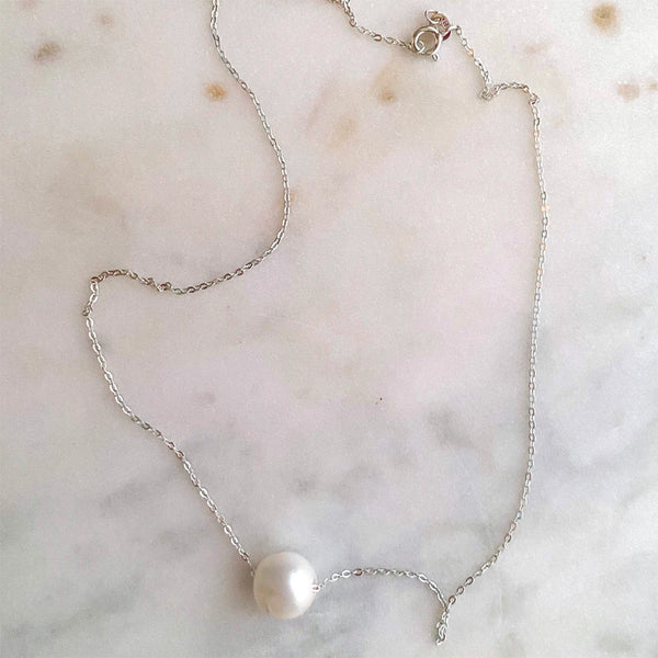 Genuine Freshwater Pearl Large Size Floating Pearl on Silver-Plated Chain or Gold-Plated Chain Necklace Handmade Boho Beach Jewelry