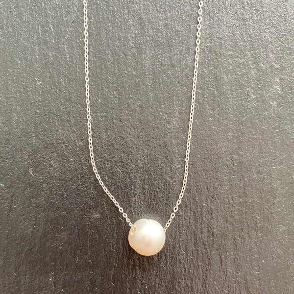 Genuine Freshwater Pearl Large Size Floating Pearl on Silver-Plated Chain or Gold-Plated Chain Necklace Handmade Boho Beach Jewelry