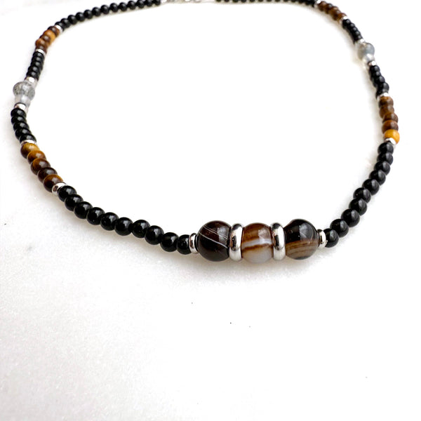 Tiger's Eye, Black Onyx, Agate Boho Hippie Design - Handmade Jewelry Necklace