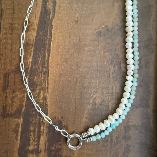 Asymmetrical Blue Green Amazonite and Freshwater Pearls Gemstones Crystals Boho Hippie Beach Design - Handmade Jewelry Necklace
