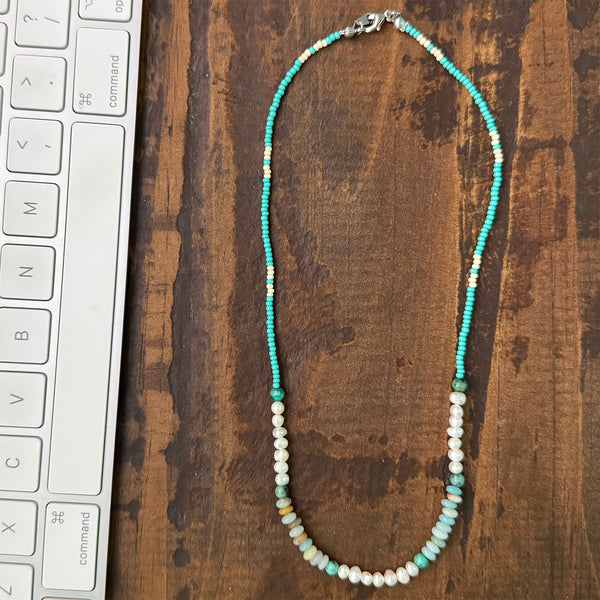 Amazonite, Pearls, African Turquoise & Glass Beads Boho Hippie Beach Design - Handmade Jewelry Necklace