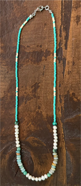 Amazonite, Pearls, African Turquoise & Glass Beads Boho Hippie Beach Design - Handmade Jewelry Necklace
