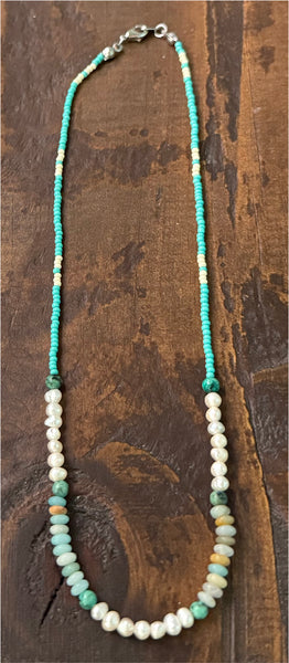 Amazonite, Pearls, African Turquoise & Glass Beads Boho Hippie Beach Design - Handmade Jewelry Necklace
