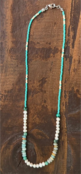 Amazonite, Pearls, African Turquoise & Glass Beads Boho Hippie Beach Design - Handmade Jewelry Necklace