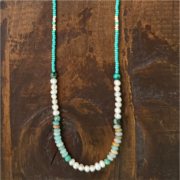 Amazonite, Pearls, African Turquoise & Glass Beads Boho Hippie Beach Design - Handmade Jewelry Necklace