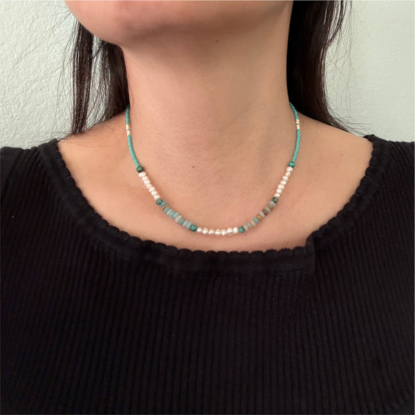 Amazonite, Pearls, African Turquoise & Glass Beads Boho Hippie Beach Design - Handmade Jewelry Necklace