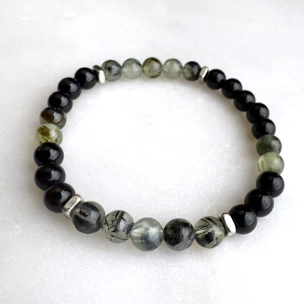 Prehnite and Black Onyx Beads Gemstones Crystals Boho Hippie Design - Stretch Bracelet Handmade Jewelry