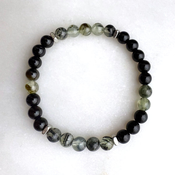 Prehnite and Black Onyx Beads Gemstones Crystals Boho Hippie Design - Stretch Bracelet Handmade Jewelry