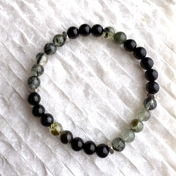 Prehnite and Black Onyx Beads Gemstones Crystals Boho Hippie Design - Stretch Bracelet Handmade Jewelry