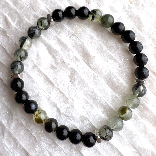 Prehnite and Black Onyx Beads Gemstones Crystals Boho Hippie Design - Stretch Bracelet Handmade Jewelry