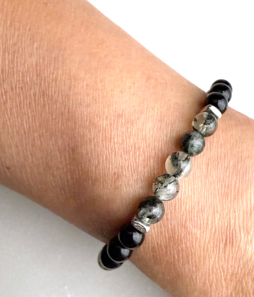 Prehnite and Black Onyx Beads Gemstones Crystals Boho Hippie Design - Stretch Bracelet Handmade Jewelry