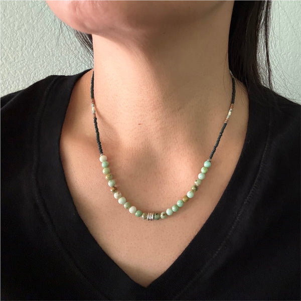 Pre-Columbian Maya Jade Gemstones Crystals & Glass Beads Boho Hippie Beach Design - Handmade Jewelry Necklace