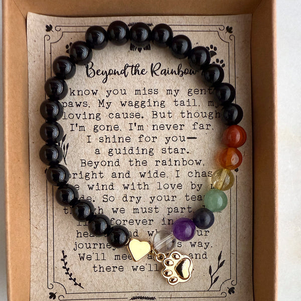 Dog or Cat Pet Memorial Stretch Bracelet Gift with Rainbow Chakra Gemstones, Gold-Plated paw charm & heart bead, Sympathy Gift, 7 Chakra Memorial Stretch Bracelet for Women Men Who Loss of beloved fur baby