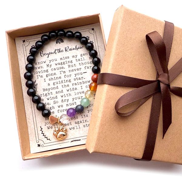 Dog or Cat Pet Memorial Stretch Bracelet Gift with Rainbow Chakra Gemstones, Gold-Plated paw charm & heart bead, Sympathy Gift, 7 Chakra Memorial Stretch Bracelet for Women Men Who Loss of beloved fur baby
