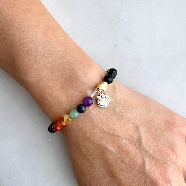 Dog or Cat Pet Memorial Stretch Bracelet Gift with Rainbow Chakra Gemstones, Gold-Plated paw charm & heart bead, Sympathy Gift, 7 Chakra Memorial Stretch Bracelet for Women Men Who Loss of beloved fur baby