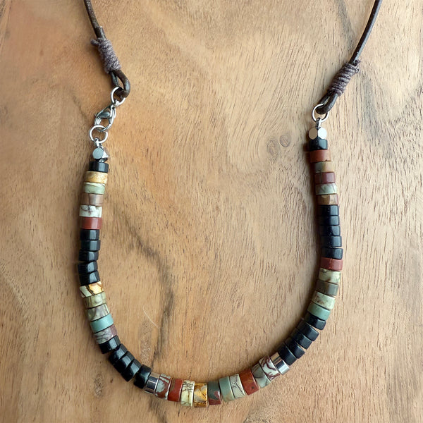 Red Creek Jasper & Black Onyx Gemstones Crystals Beads Boho Hippie Beach Design - Handmade Jewelry Necklace Men Women