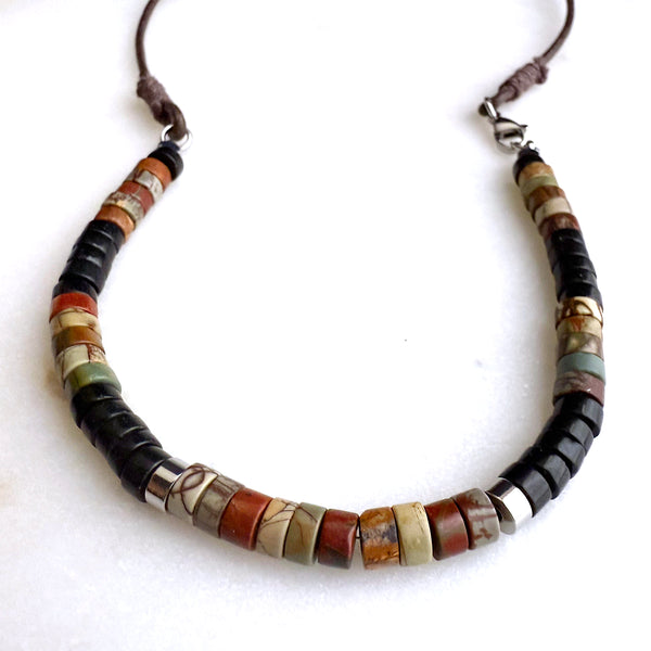 Red Creek Jasper & Black Onyx Gemstones Crystals Beads Boho Hippie Beach Design - Handmade Jewelry Necklace Men Women