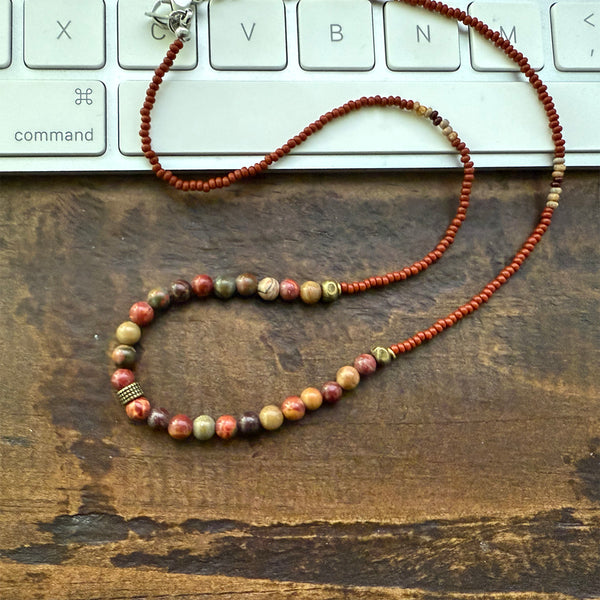 Red Creek Jasper Gemstones Crystals & Glass Beads Boho Hippie Beach Design - Handmade Jewelry Necklace
