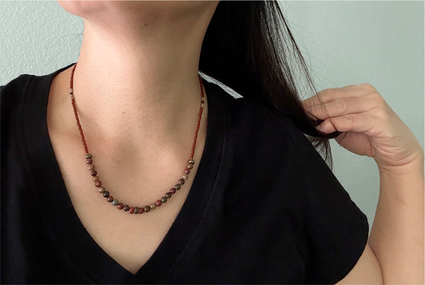 Red Creek Jasper Gemstones Crystals & Glass Beads Boho Hippie Beach Design - Handmade Jewelry Necklace