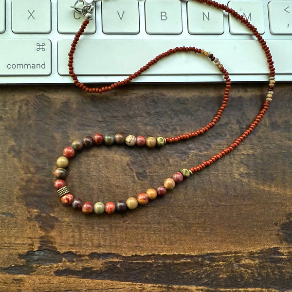 Red Creek Jasper Gemstones Crystals & Glass Beads Boho Hippie Beach Design - Handmade Jewelry Necklace